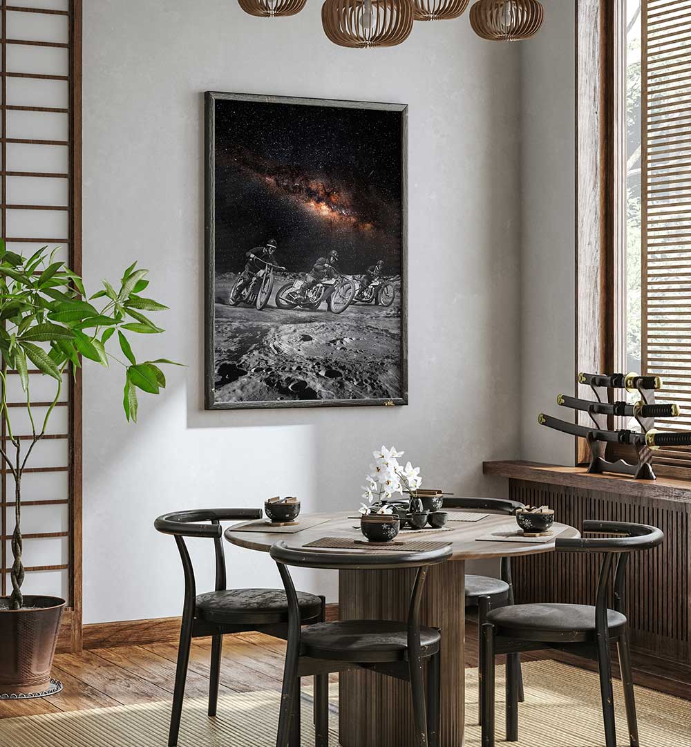 Stylish interior featuring RIDERS, SURREAL ART PRINTS framed on the wall, enhancing the modern decor.