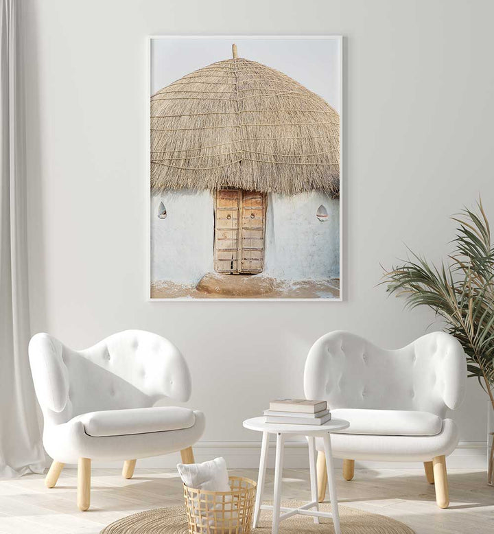 Framed thatched hut wall art in neutral living room — THATCHED HAVEN , INDIAN ART PAINTINGS