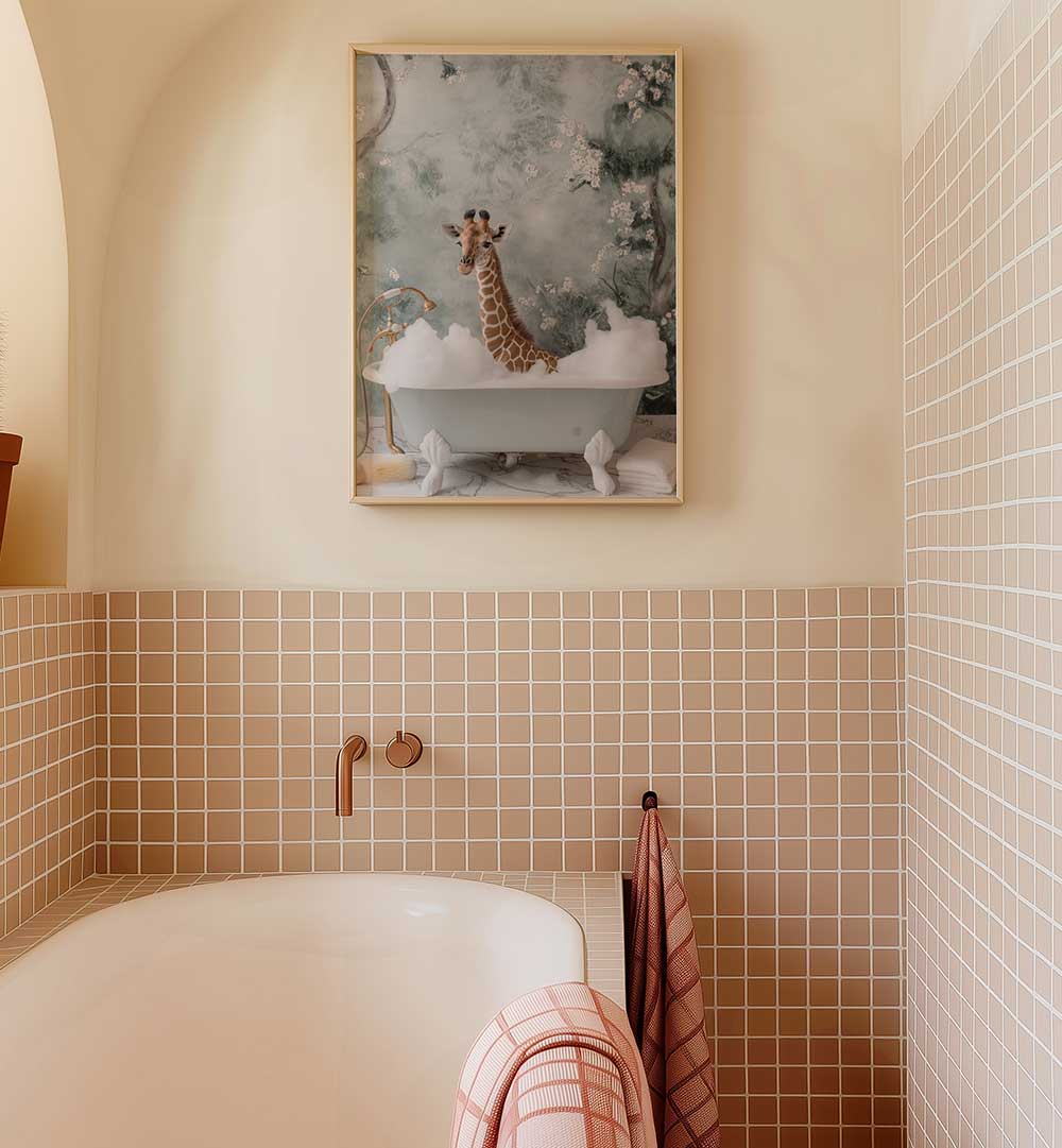 GIRAFFE BUBBLE BLISS , BATHROOM ART PRINTS
