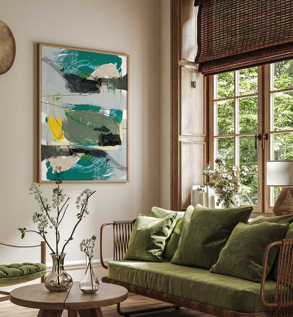 Vibrant CONTEMPORARY GREEN I, ABSTRACT PAINTINGS adorn a stylish living room, enhancing the modern aesthetic beautifully.