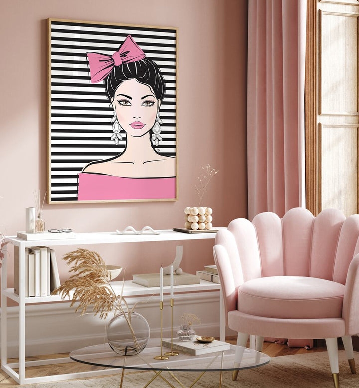 Bow Girl by Martina Fashion Paintings Fashion Posters  placed on pink wall near sofa