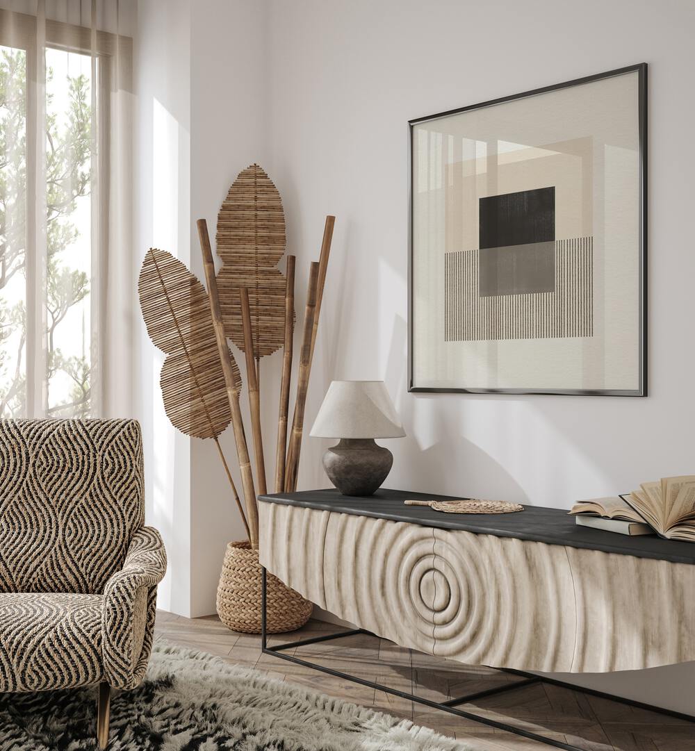Stylish living room featuring PAPER OBJECT II, GEOMETRIC ART PRINTS, enhancing modern decor with geometric elegance.