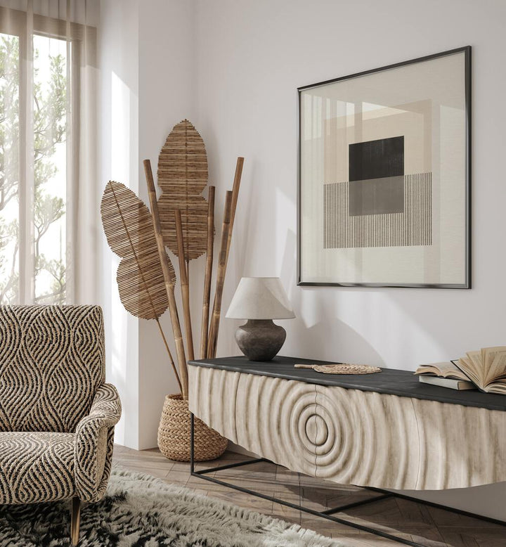 Stylish living room featuring PAPER OBJECT II, GEOMETRIC ART PRINTS, enhancing modern decor with geometric elegance.