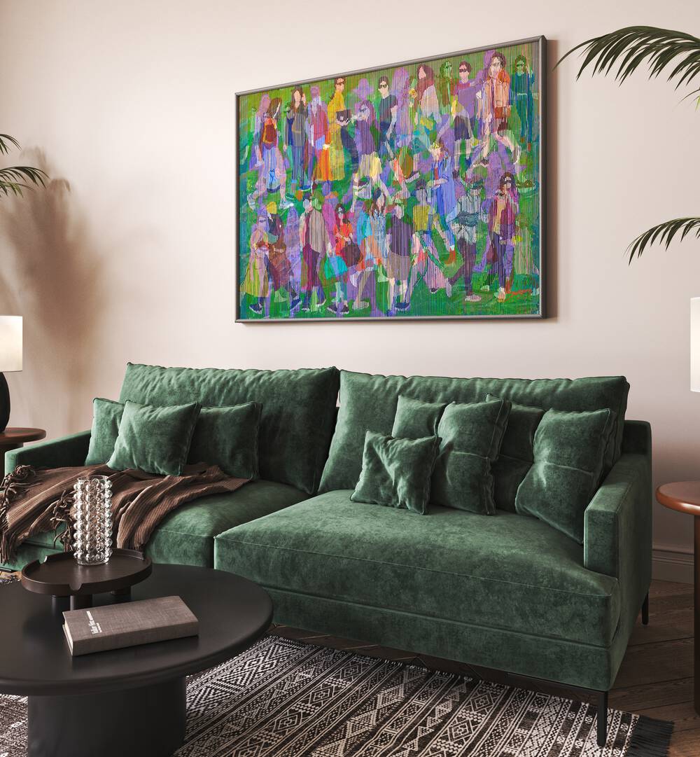 Stylish living room featuring CITIZEN II, FASHION POSTERS above a green velvet sofa for a trendy decor statement.
