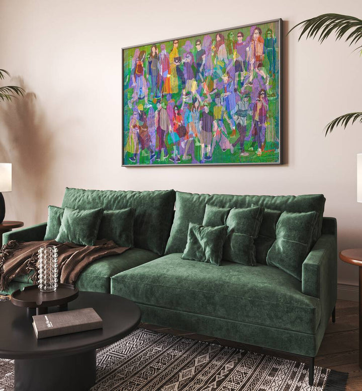 Stylish living room featuring CITIZEN II, FASHION POSTERS above a green velvet sofa for a trendy decor statement.