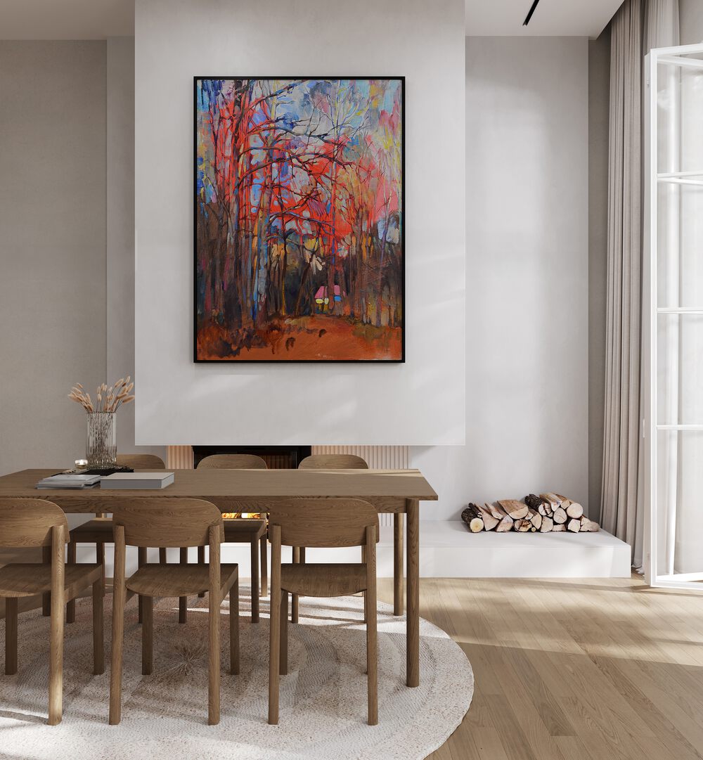 Vibrant SPRING, LANDSCAPE PAINTINGS adorn a modern dining space, enhancing its style and comfort effortlessly.