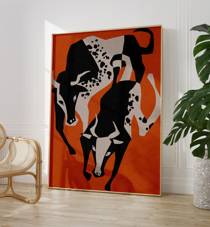 Vibrant TANGERINE BULLS in dynamic animal paintings, showcasing striking artistry perfect for decor.