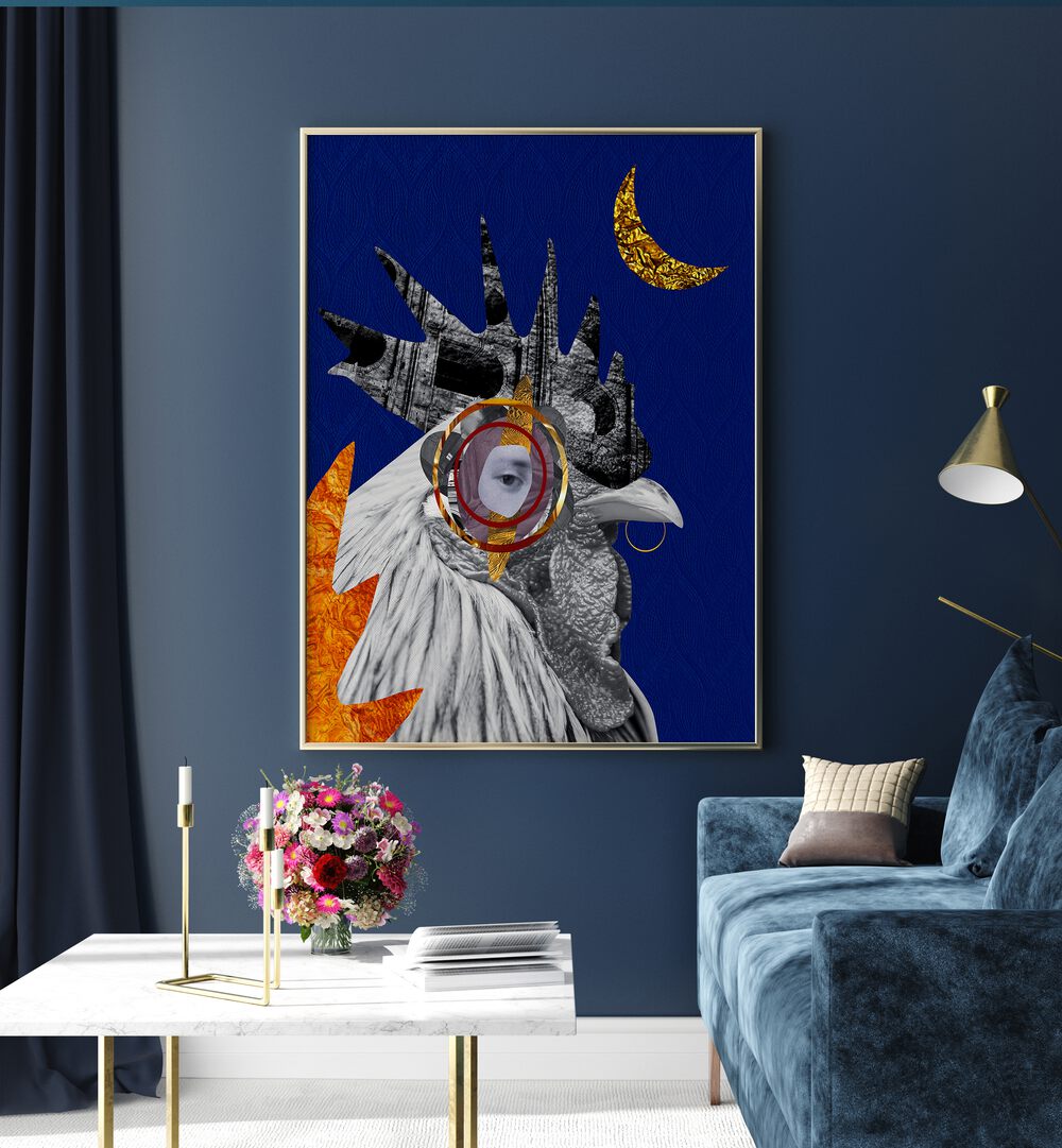 Colorful ROOSTER, SURREAL ART PRINTS showcasing vibrant design, perfect for enhancing modern kitchen aesthetics.