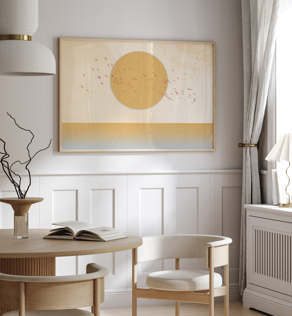 Stylish living room featuring GOLDEN SUN, LANDSCAPE PAINTINGS, enhancing warmth and elegance in any space.