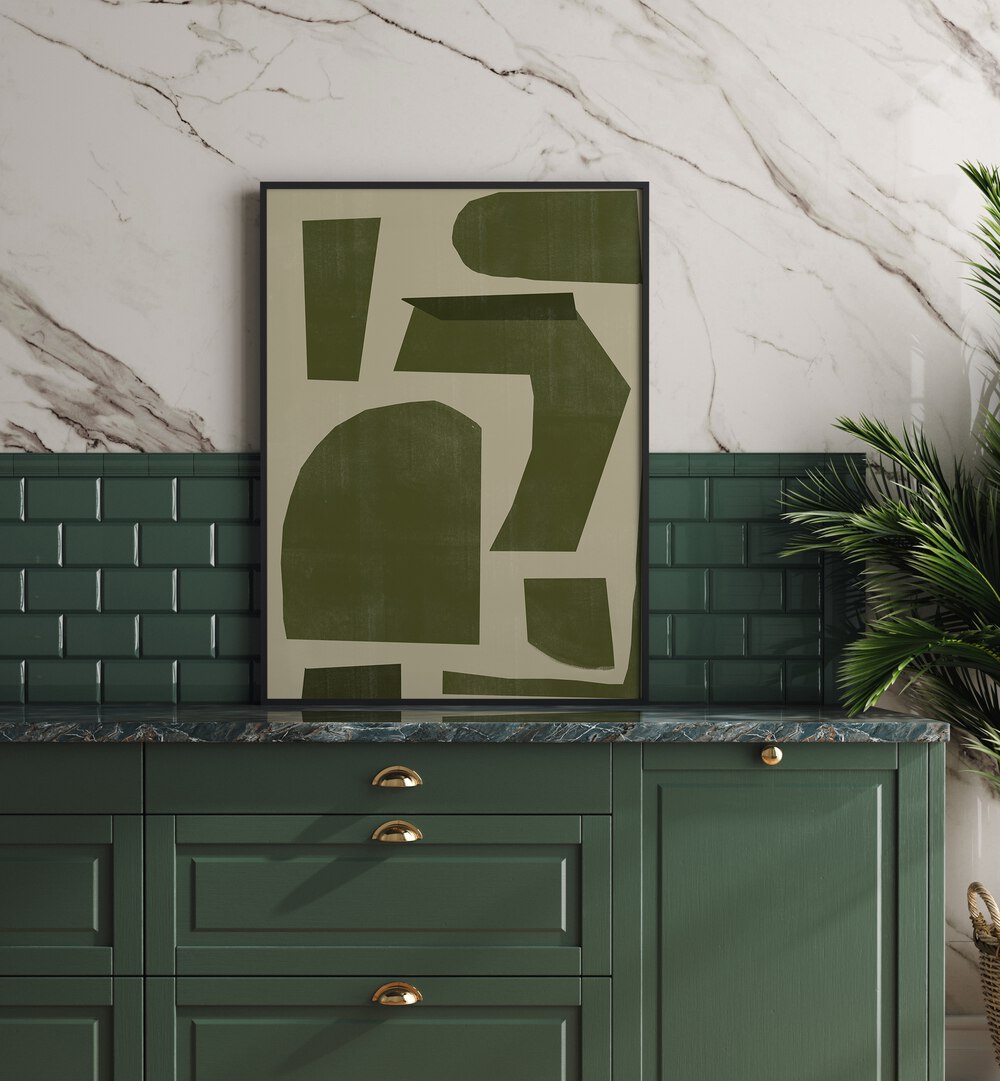 Stylish abstract painting "GREEN COMPOSITION I," from The Miuus Studio, enhances modern decor with artistic depth.
