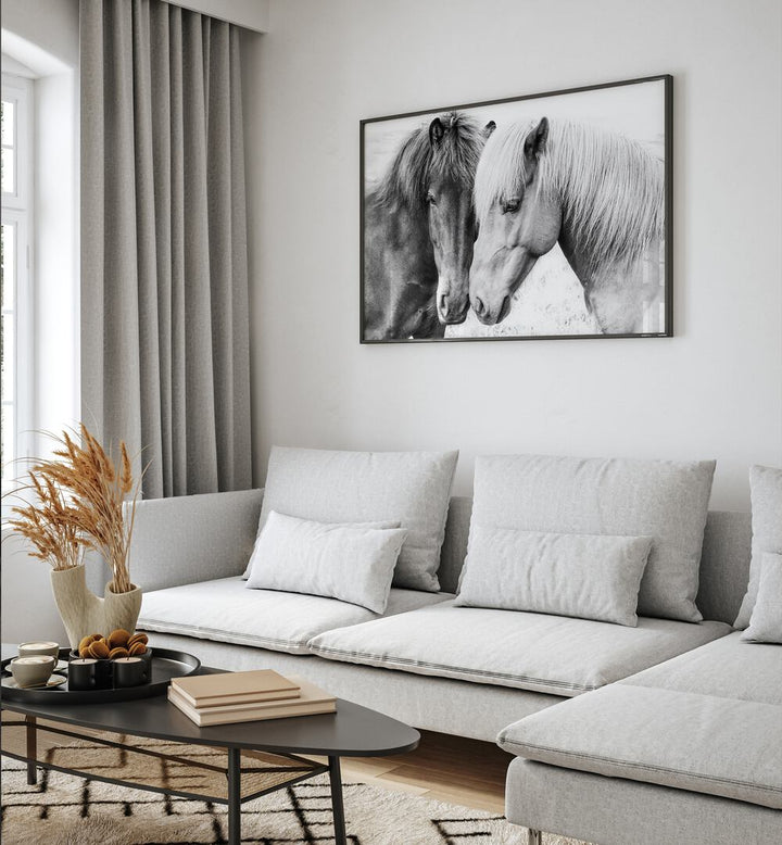 Elegant HORSE LOVE, ANIMAL PAINTINGS adorns a modern living space, celebrating the bond between horses in stunning detail.