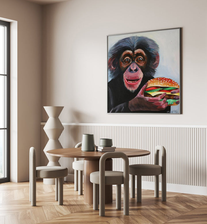 Vibrant MONKEY HOLDING A HAMBURGER, COMIC POSTERS add whimsical charm to your comic book decor. Perfect for any room!