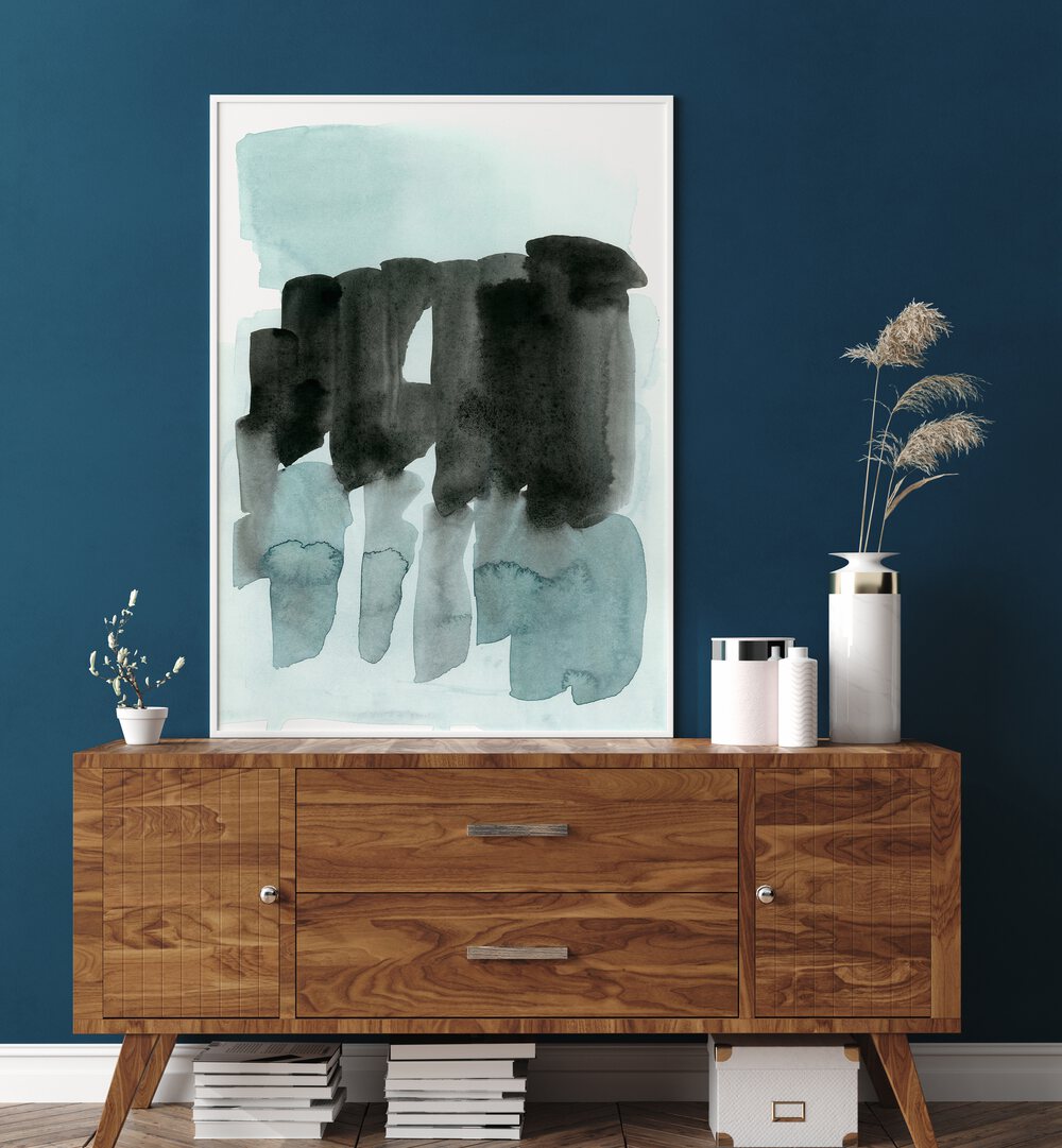 Elegant STATIC MOVEMENT, ABSTRACT PAINTINGS displayed on a stylish wooden cabinet, enhancing modern living spaces.