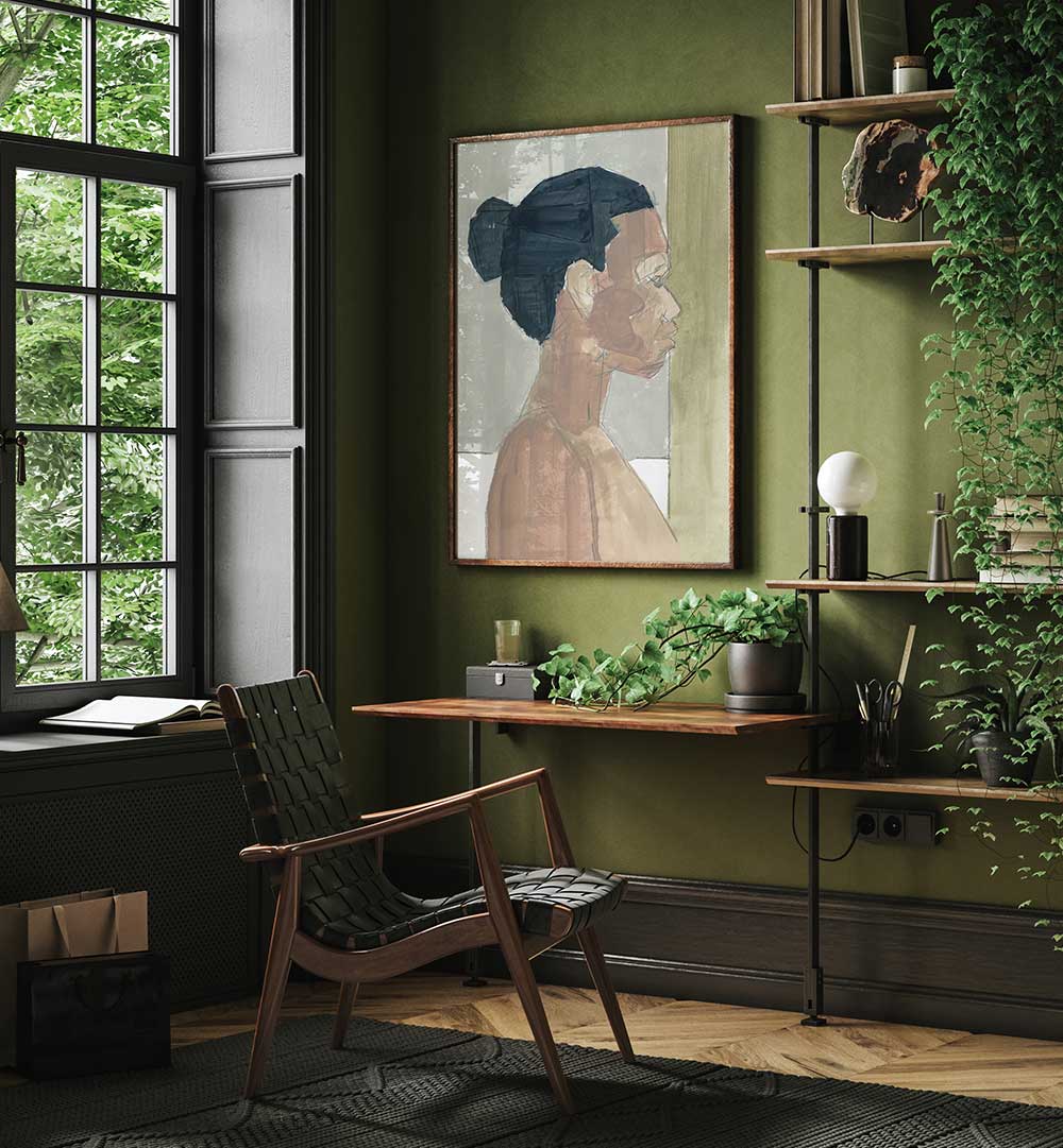 Elegant FEMALE PORTRAIT III, PORTRAITS showcasing feminine beauty in a stylish indoor setting, perfect for home decor.