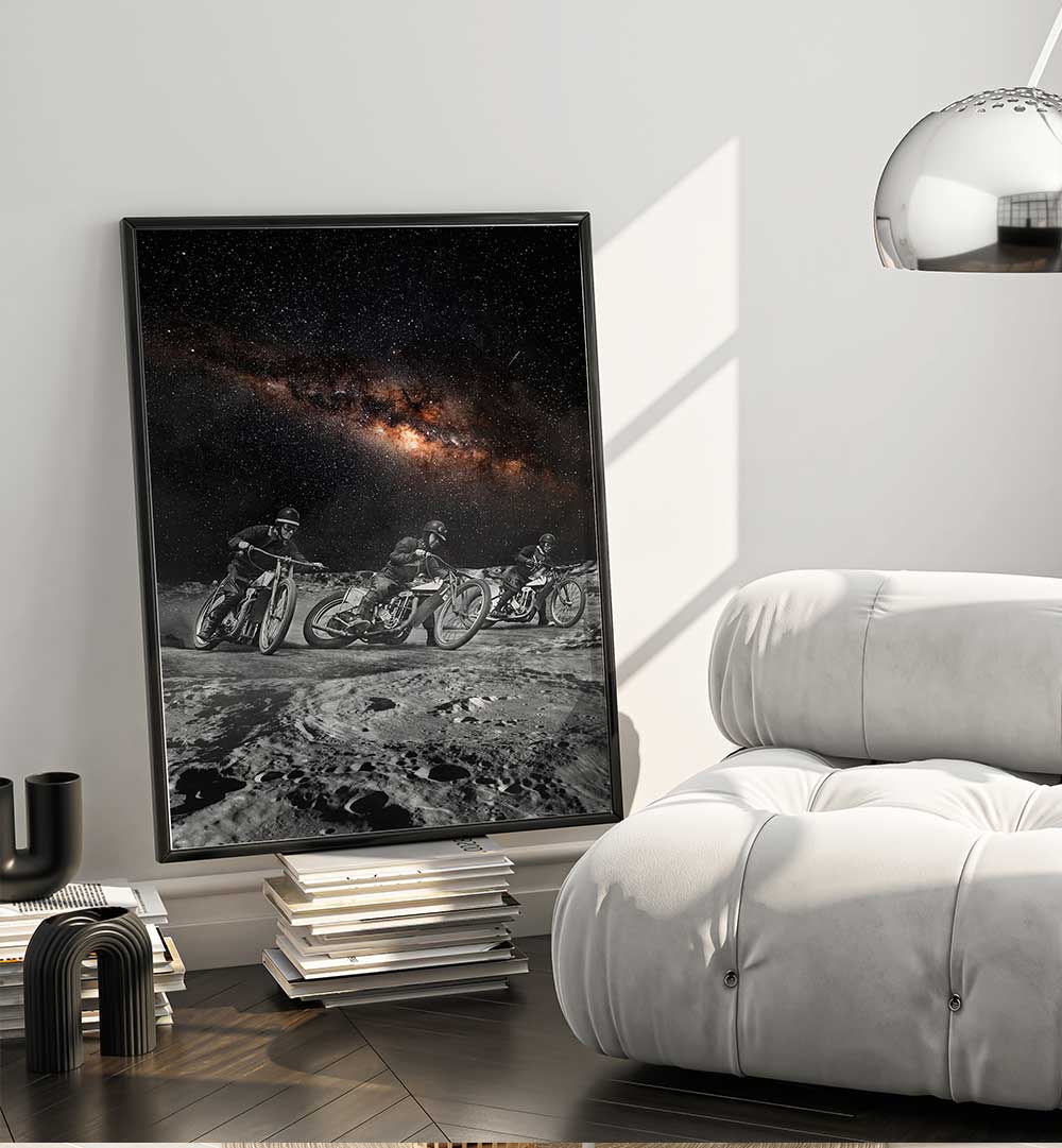 Surreal art print featuring RIDERS on the moon, perfect for adding a cosmic touch to your decor.