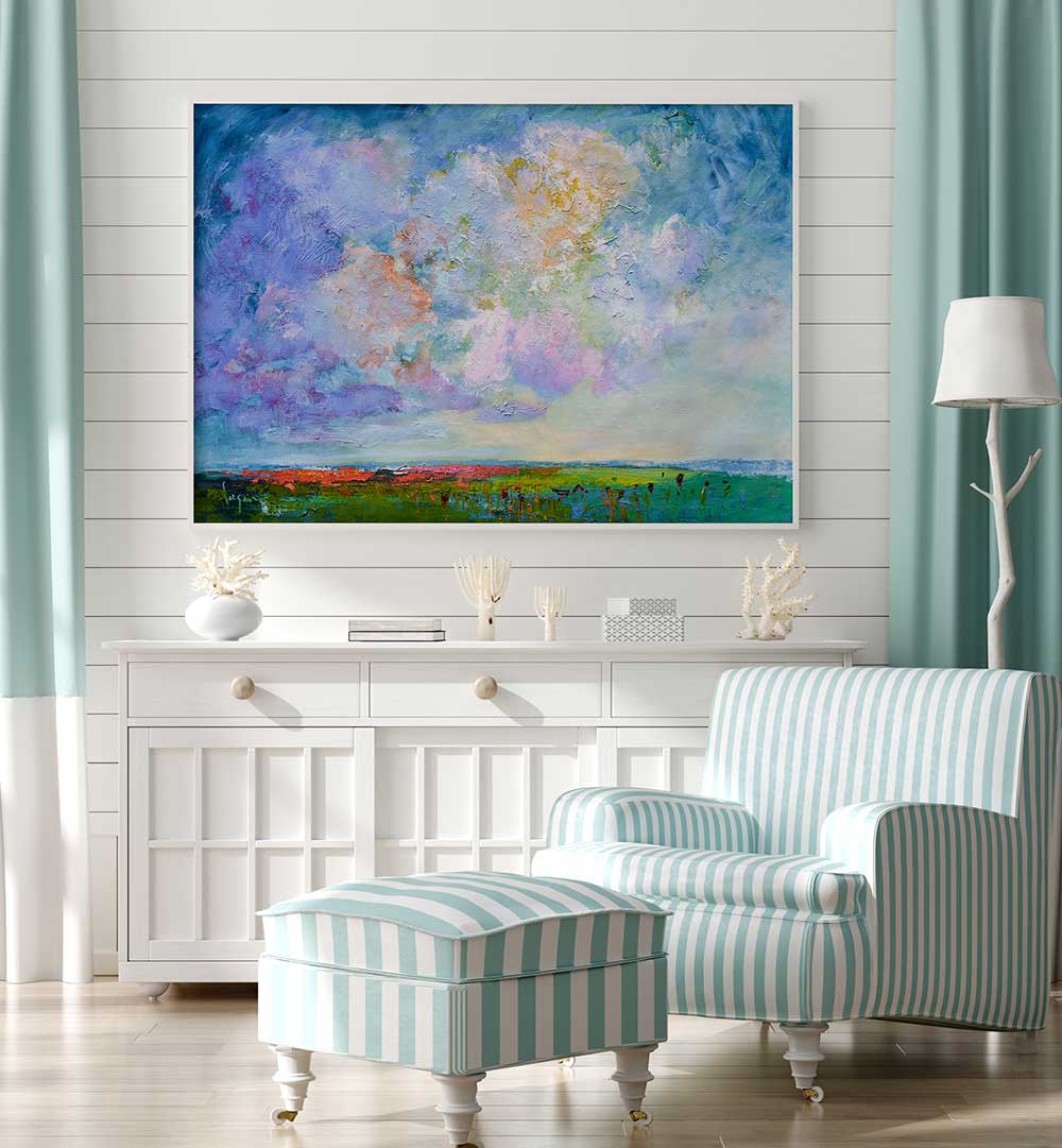 NATURE’S BEAUTY , LANDSCAPE PAINTINGS showing vibrant textured sky over coastal fields in a serene seaside living room