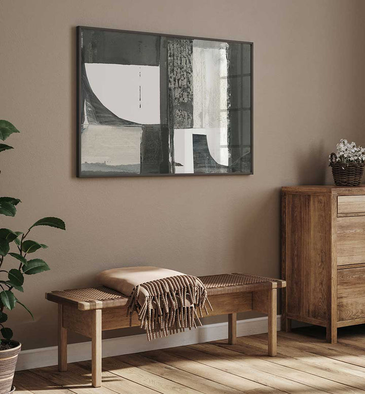 Sophisticated MONOCHROME SHAPES LIGHT II, ABSTRACT PAINTINGS enhancing a stylish interior with modern artistry.