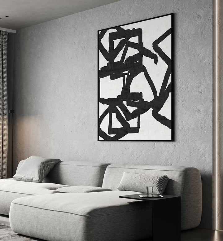 Elevate your decor with NOIR AND INKY 1, PATTERN ART PRINTS, featuring a bold abstract design in a modern living space.
