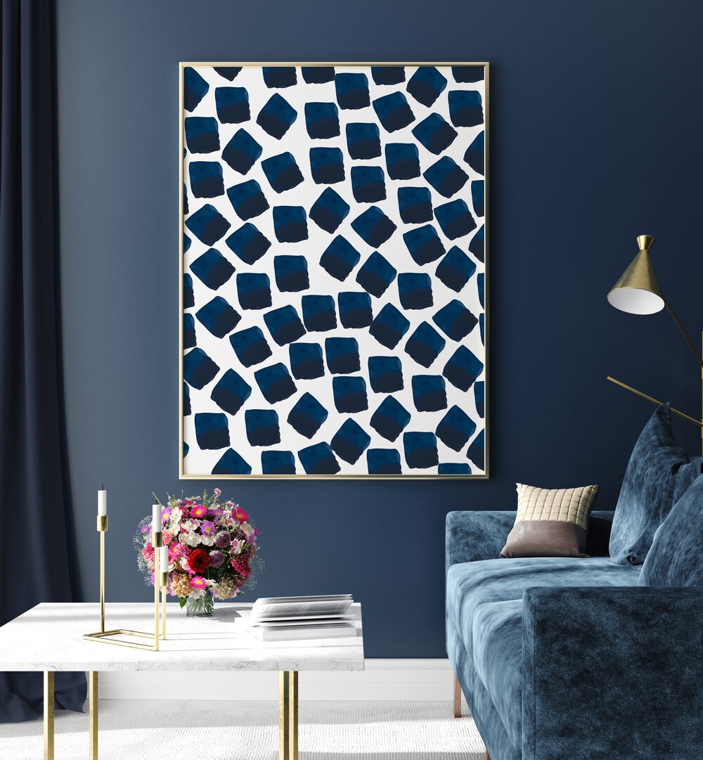 Elegant WATERCOLOR SQUARES, ABSTRACT PAINTINGS on a navy wall, enhancing modern home decor with vibrant color.