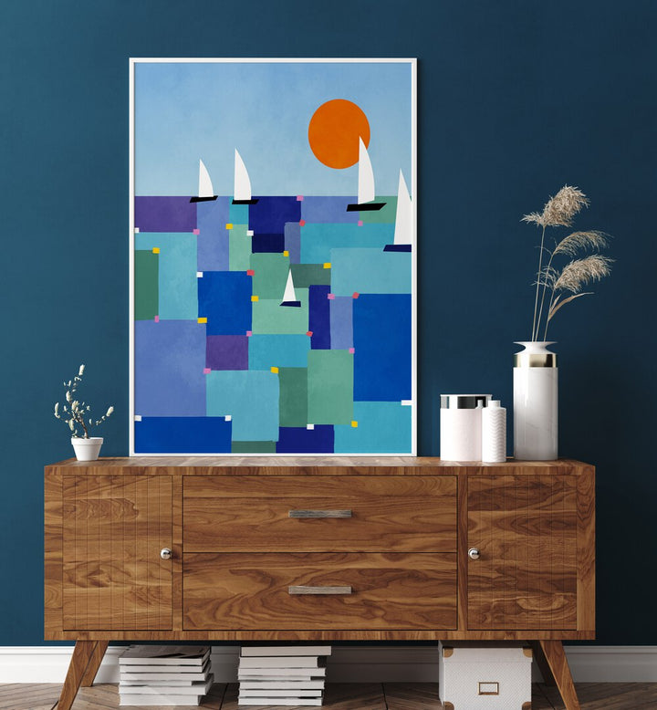 Vibrant RADIANT OCEAN VOYAGE, BEACH PAINTINGS showcasing colorful sails and a serene sea, perfect for home decor.