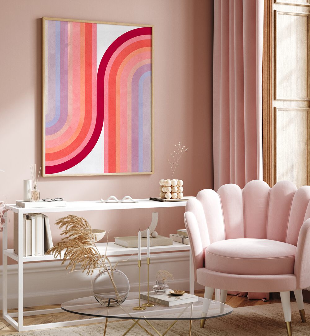 Colorful CURVED LINES, GEOMETRIC ART PRINTS brighten a modern space with vibrant hues and dynamic design.
