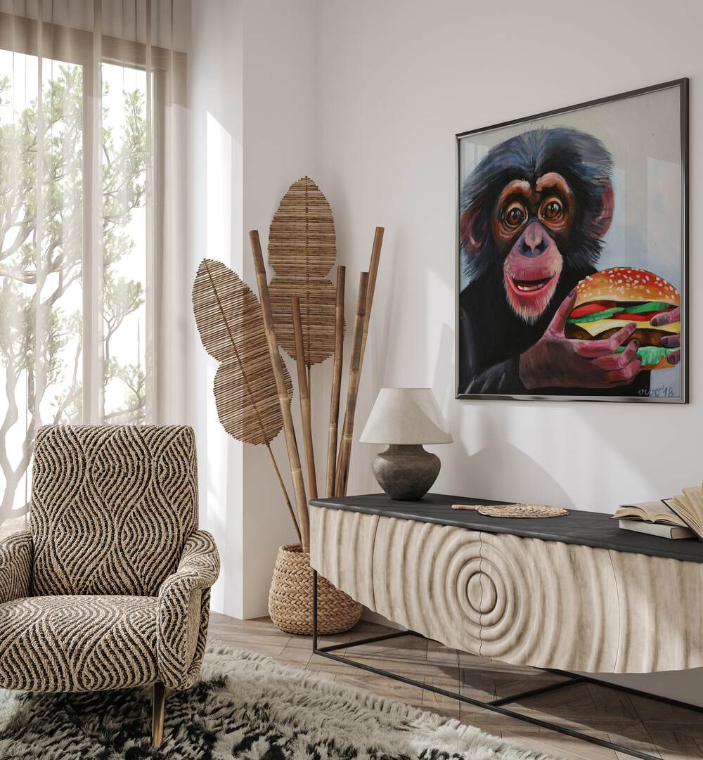 Whimsical MONKEY HOLDING A HAMBURGER, COMIC POSTERS add vibrant charm to your comic decor collection.