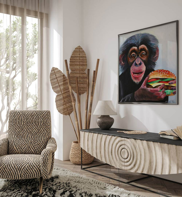 Whimsical MONKEY HOLDING A HAMBURGER, COMIC POSTERS add vibrant charm to your comic decor collection.