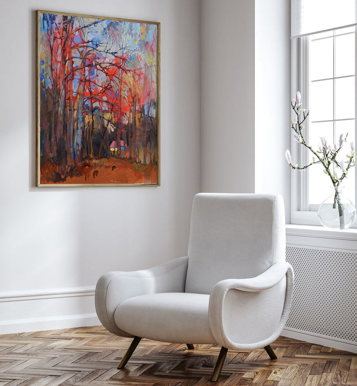Vibrant SPRING, LANDSCAPE PAINTINGS adorn the wall above a stylish chair, enhancing your living space beautifully.