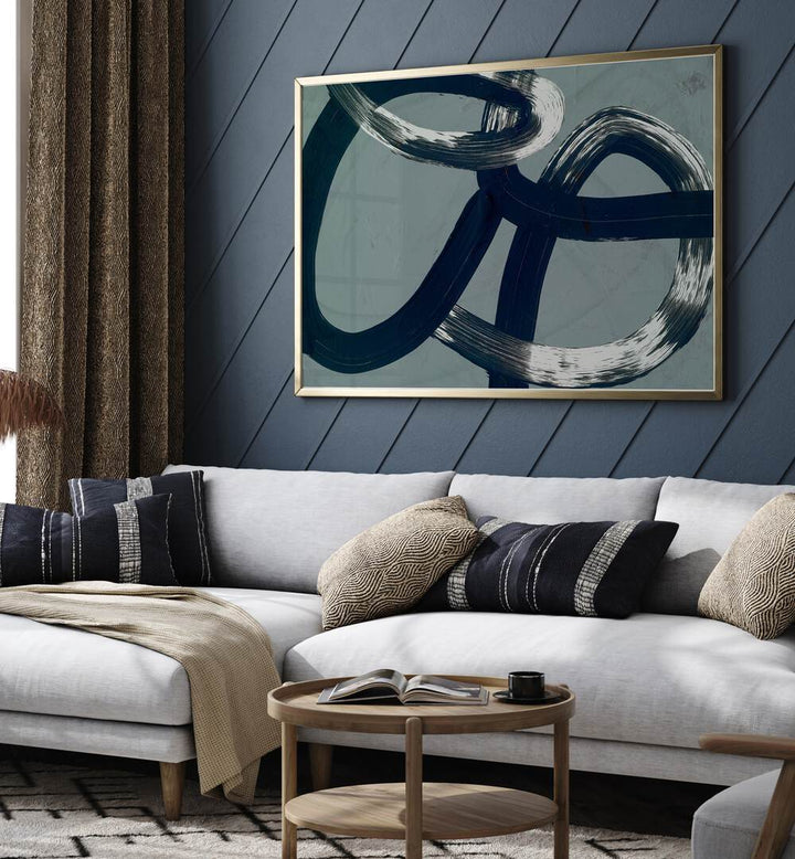 Stylish living room featuring UNDER OVER, ABSTRACT PAINTINGS, blending modern art with cozy decor elements.