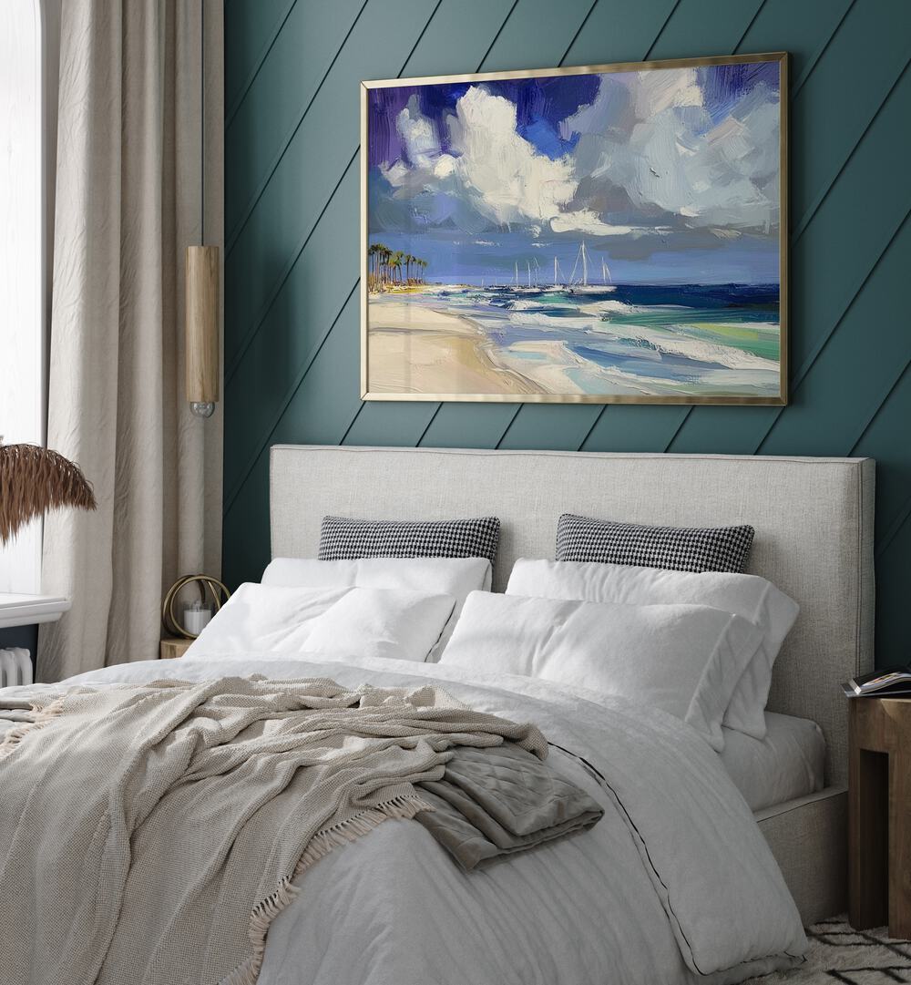 SAILBOATS ON THE BEACH II artwork brings serene coastal vibes to your living space with graceful sailboats gliding on water.