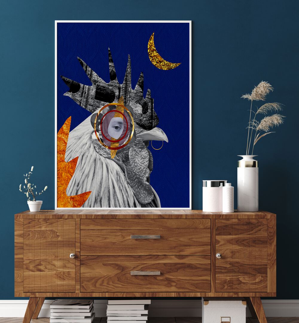 Colorful ROOSTER, SURREAL ART PRINTS displayed in a stylish kitchen, enhancing culinary creativity and decor.
