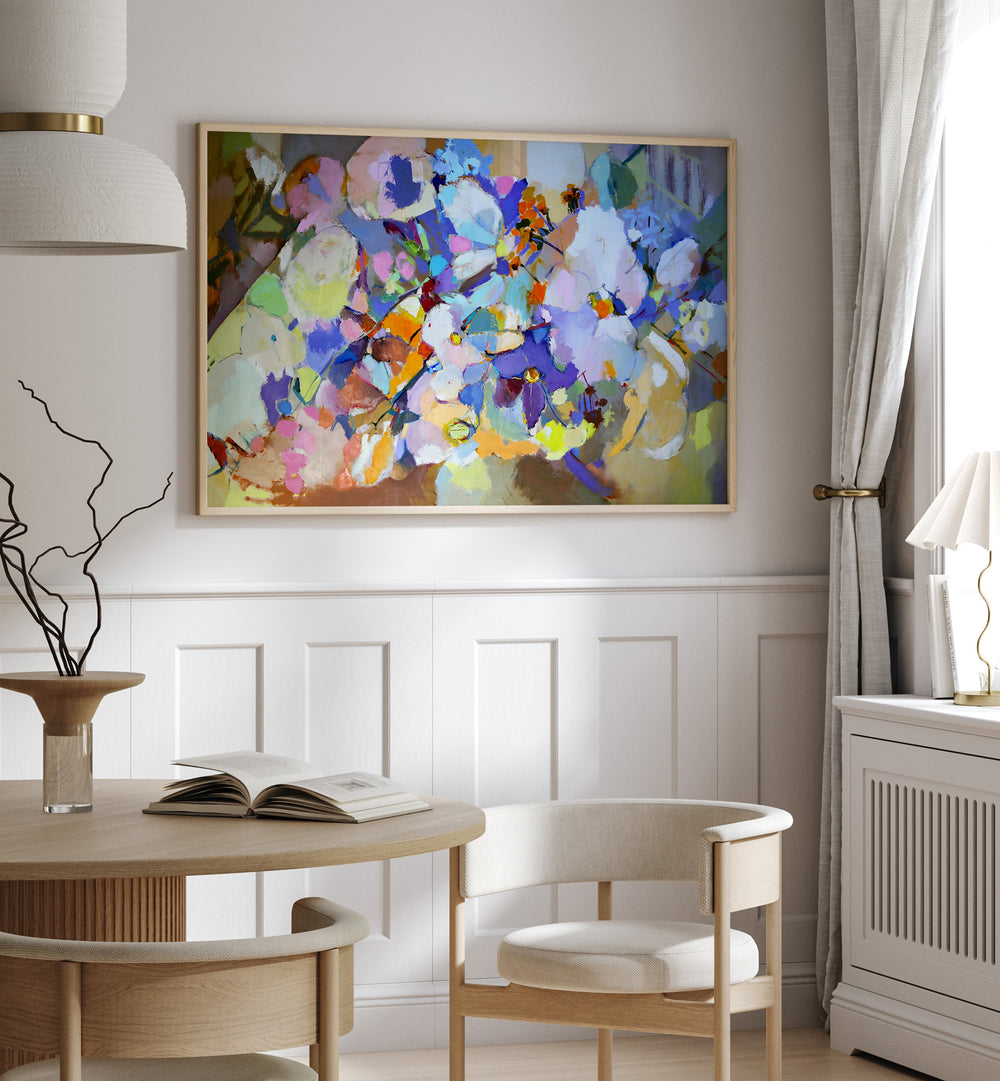 Vibrant SUMMER FLOWERS, ABSTRACT PAINTINGS enhance home decor with a stunning floral display in a modern setting.