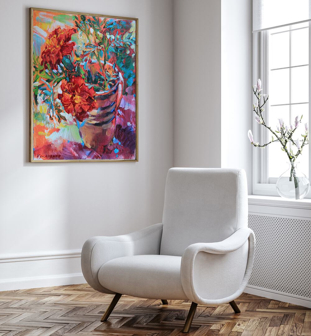 MARIGOLDS IN A CUP , FLORAL FLOWER PAINTINGS