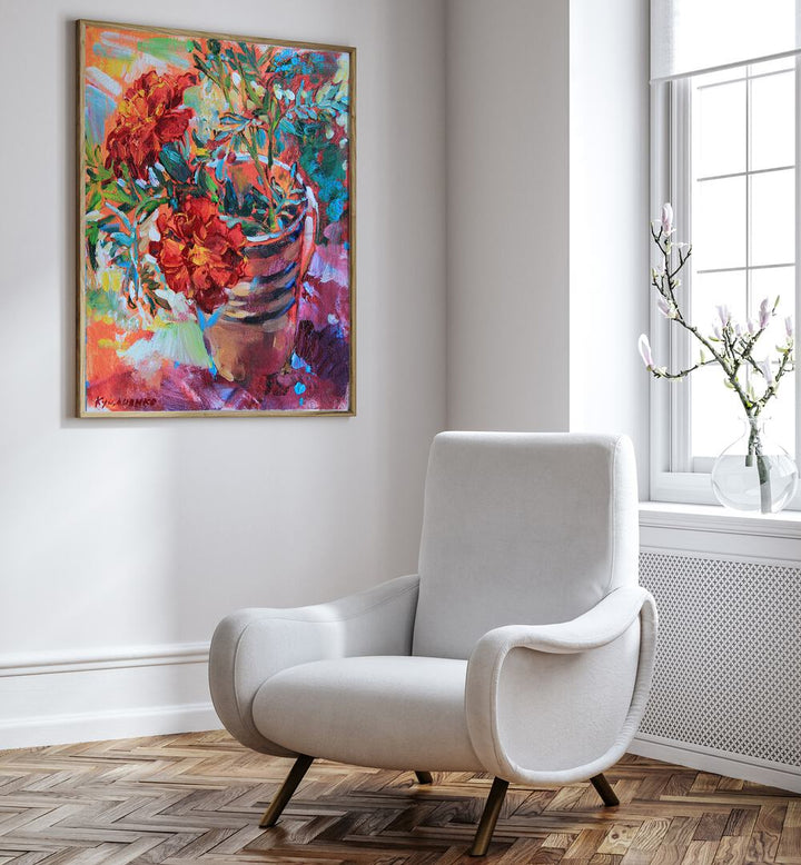 MARIGOLDS IN A CUP , FLORAL FLOWER PAINTINGS