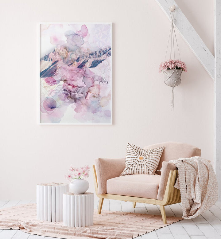DUSK I, ABSTRACT PAINTINGS displayed in a stylish room, enhancing the modern decor with soft pastel colors.