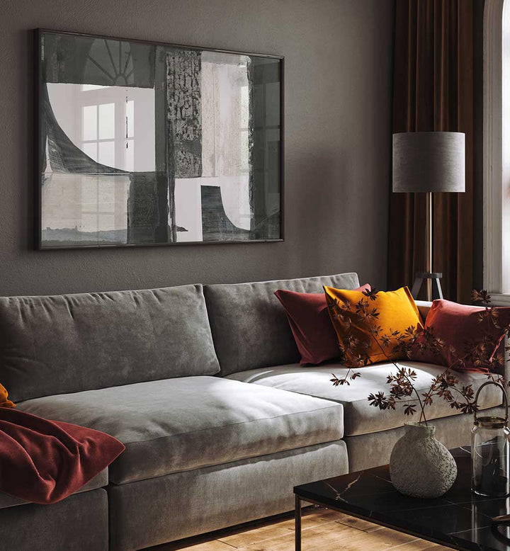Stylish living room featuring MONOCHROME SHAPES LIGHT II, ABSTRACT PAINTINGS, enhancing creativity and elegance.