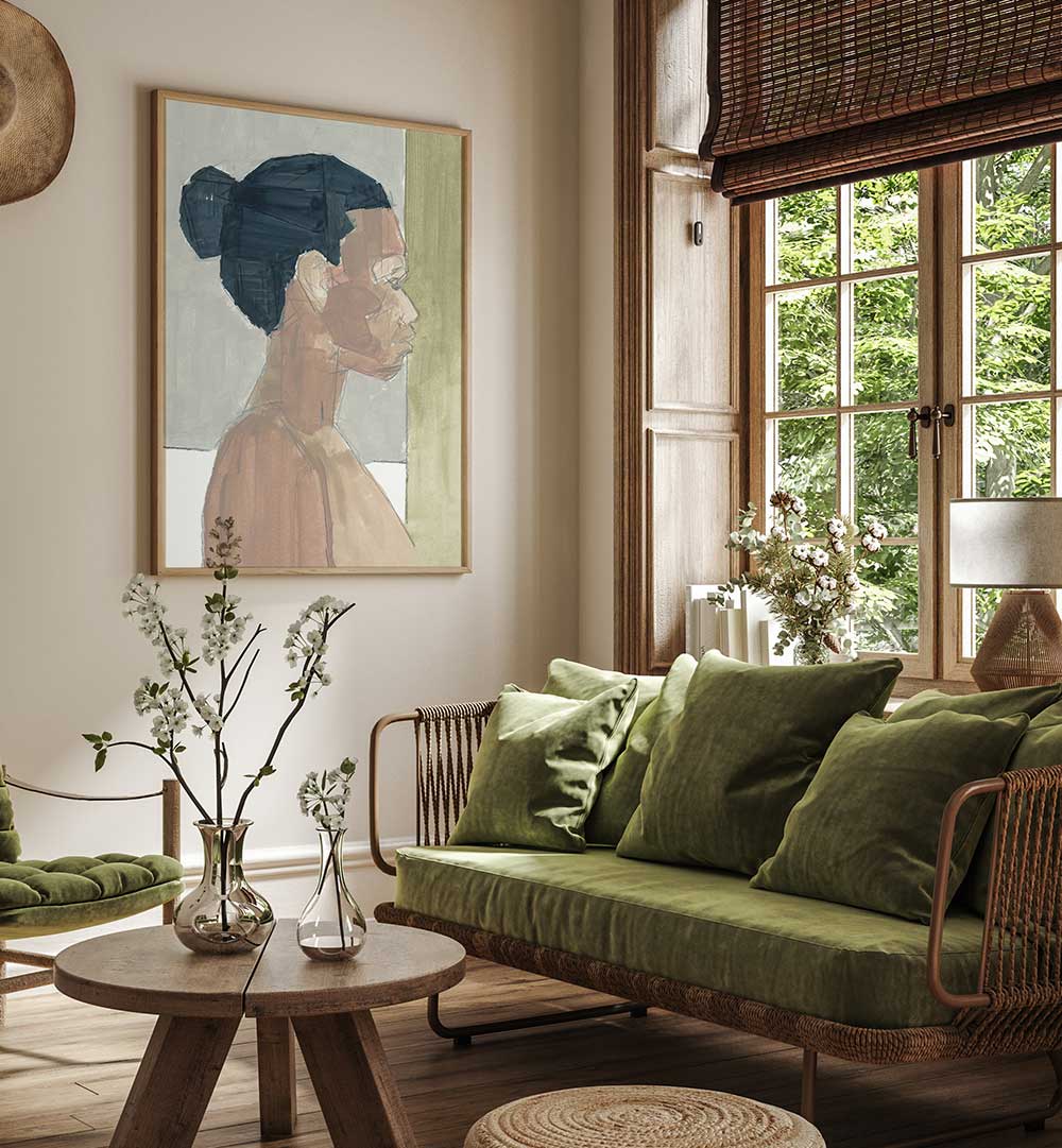 FEMALE PORTRAIT III, PORTRAITS showcases expressive artistry in a serene living space, enhancing feminine beauty decor.
