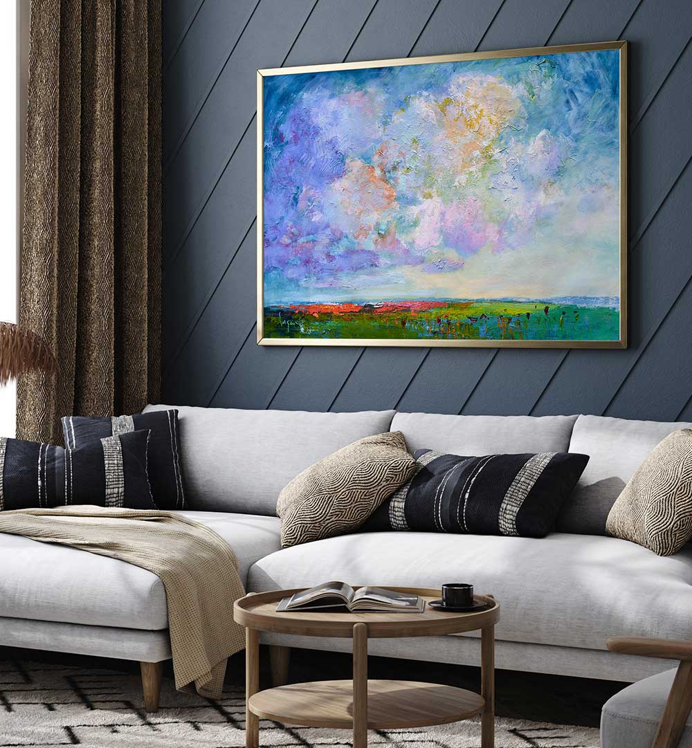 NATURE’S BEAUTY , LANDSCAPE PAINTINGS framed abstract coastal meadow artwork hung above a sofa in a modern living room