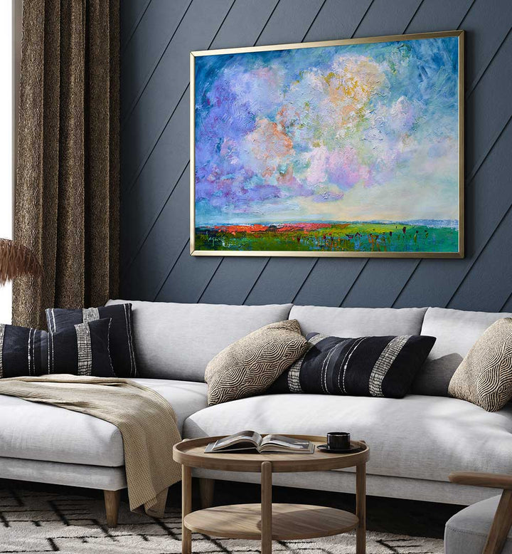 NATURE’S BEAUTY , LANDSCAPE PAINTINGS framed abstract coastal meadow artwork hung above a sofa in a modern living room