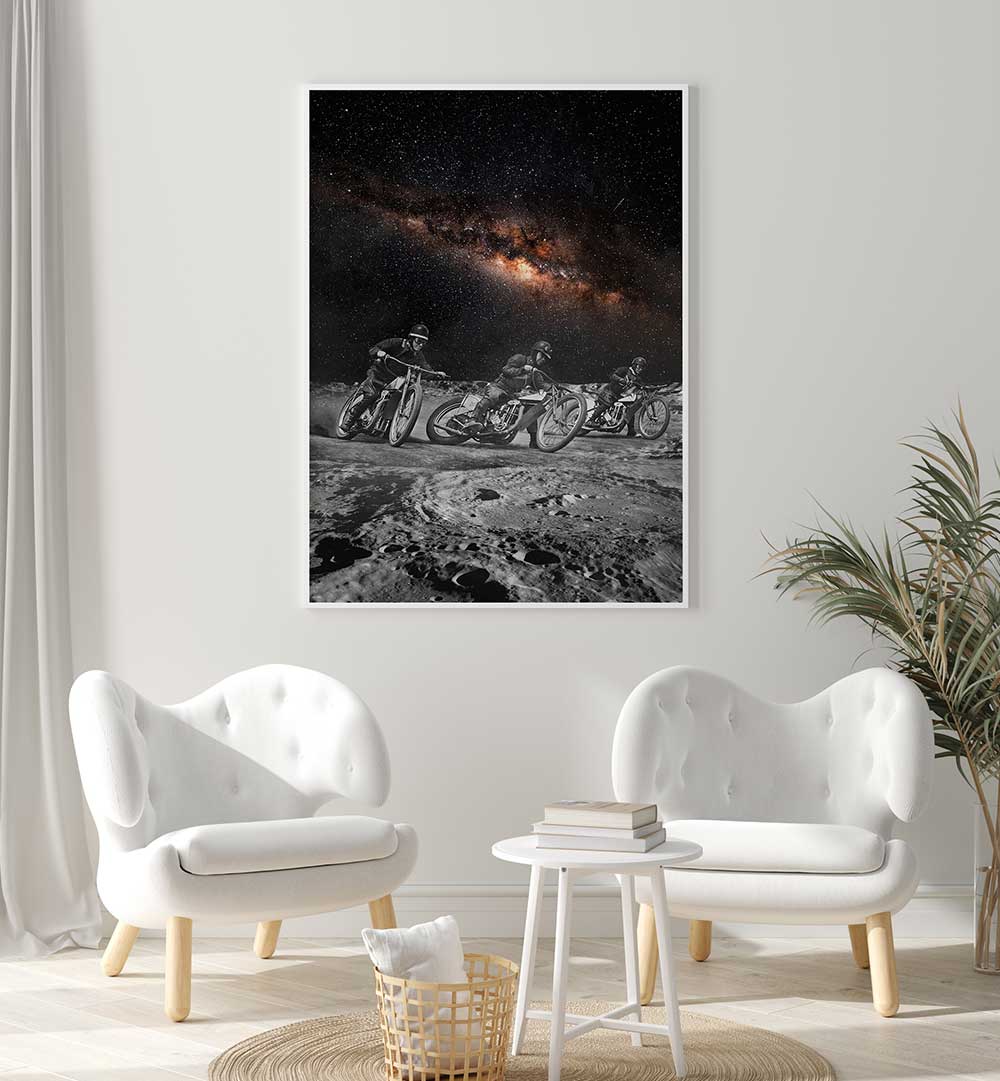 Three riders on motorcycles race across a lunar landscape in this stunning RIDERS, SURREAL ART PRINTS.