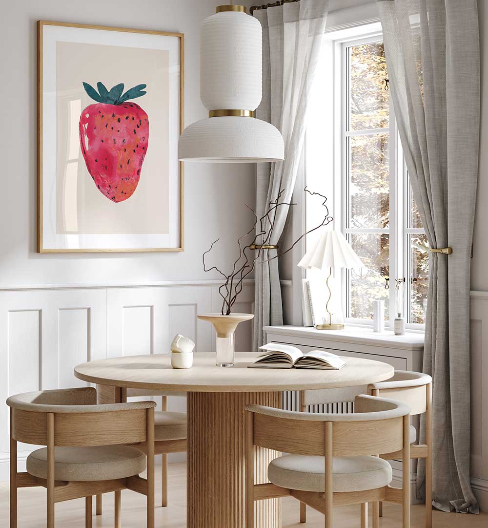 FRESA , KITCHEN POSTERS featuring vibrant strawberry art in a bright, modern dining space with natural wood furniture.