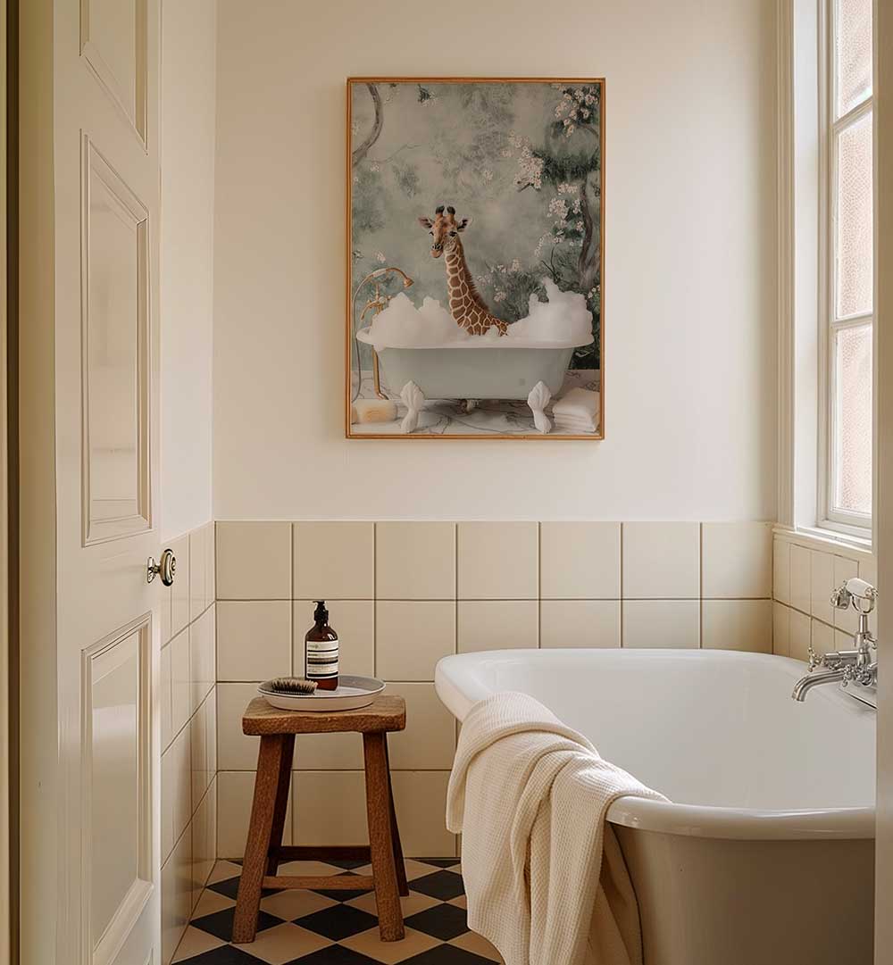 GIRAFFE BUBBLE BLISS , BATHROOM ART PRINTS