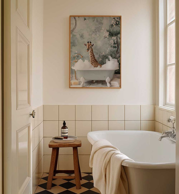 GIRAFFE BUBBLE BLISS , BATHROOM ART PRINTS