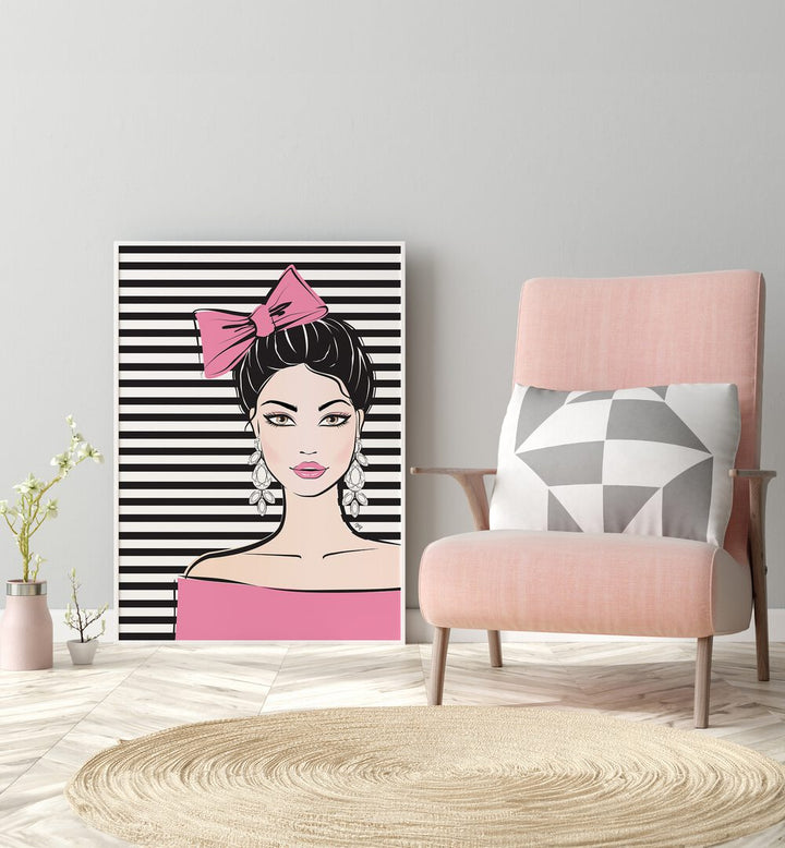 Bow Girl by Martina Fashion Paintings Fashion Posters  placed on gry wall with pink sofa 