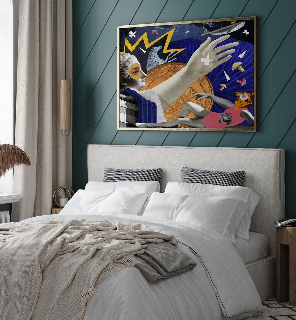 Stunning SPACE QUEEN, SURREAL ART PRINTS displayed in a stylish bedroom, enhancing modern space-themed decor.