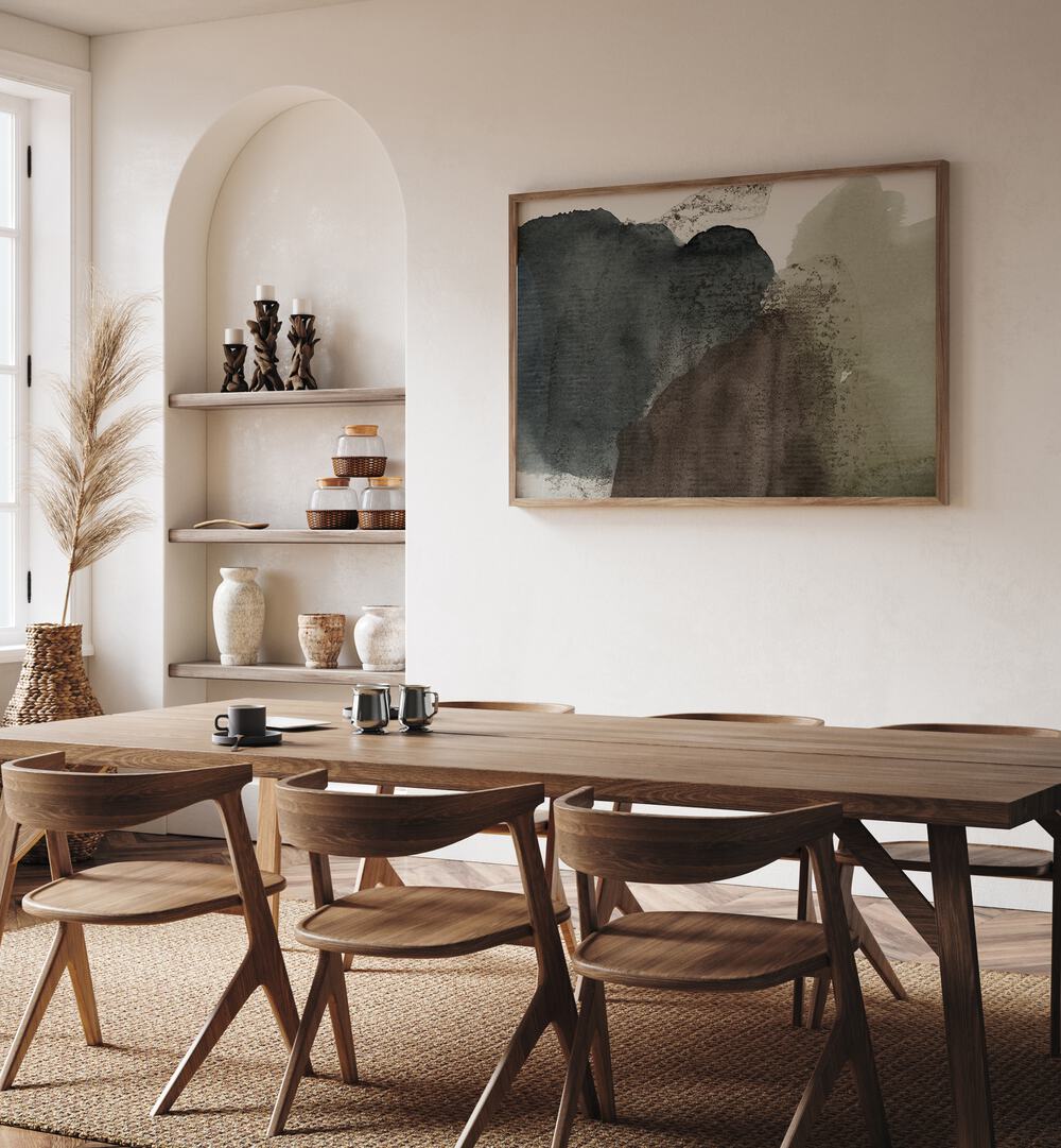 Stylish dining area featuring ORGANIC SHAPES EARTHY, ABSTRACT PAINTINGS that evoke nature's serene beauty.