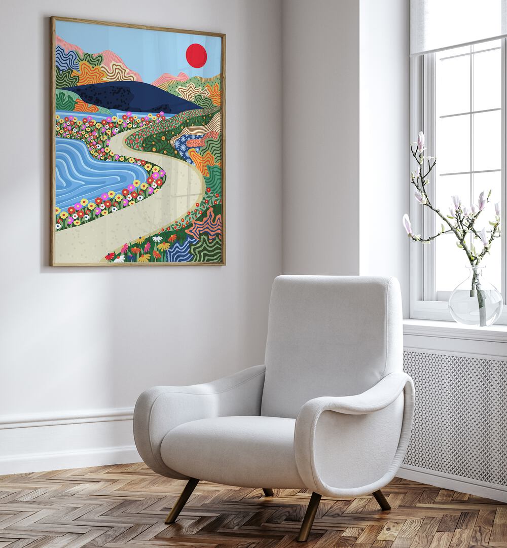 Vibrant SOOTHING HORIZON, LANDSCAPE PAINTINGS create a tranquil atmosphere in a stylish modern living space.