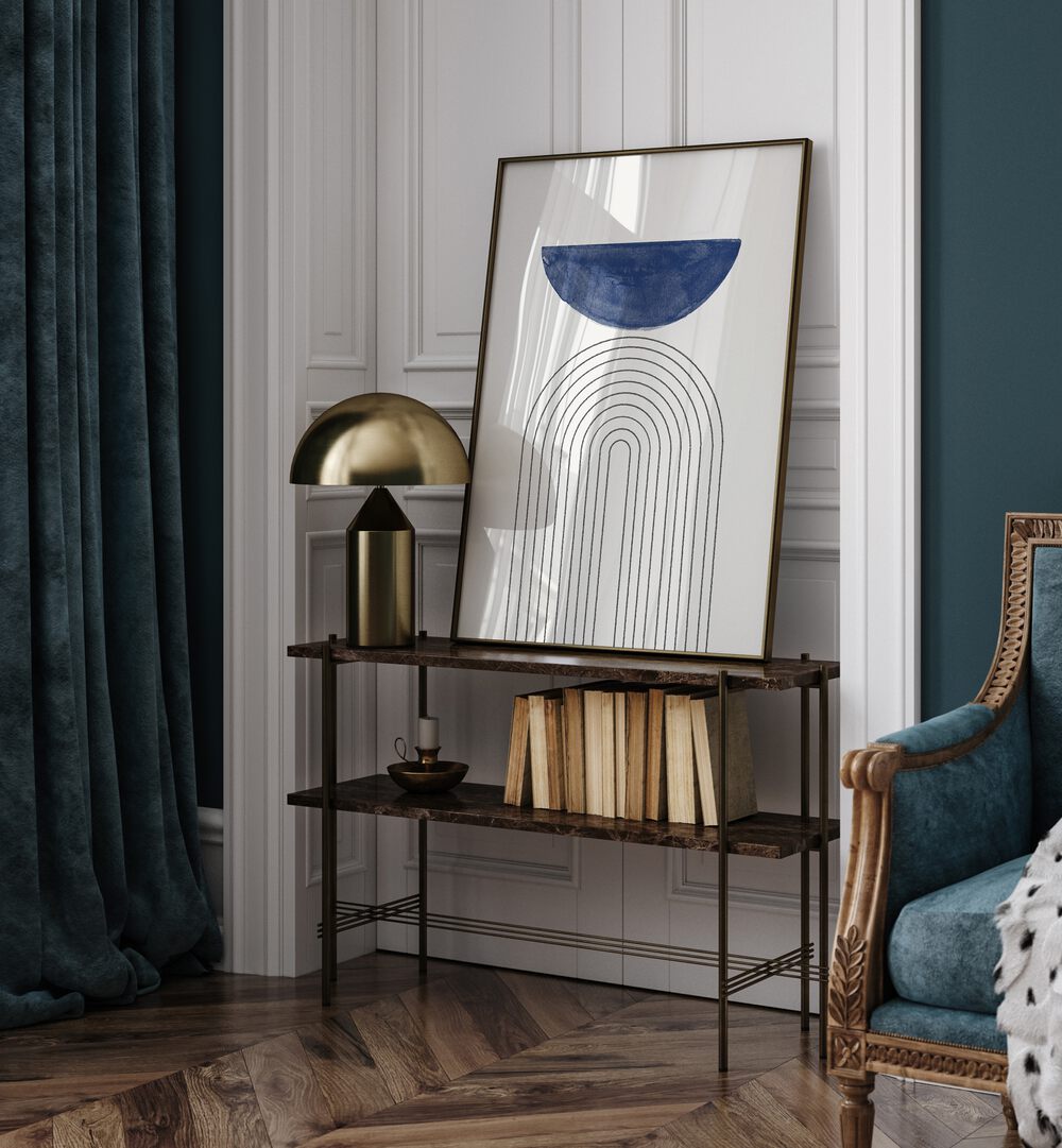Stylish interior featuring BLUE MOON NO3., GEOMETRIC ART PRINTS, adding contemporary elegance to the space.