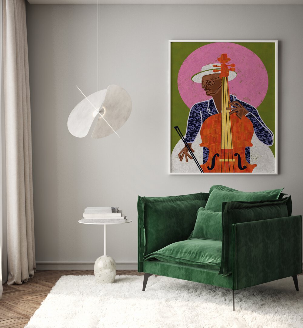 Stylish MUSICIAN GUY VII, MOVIE POSTERS adorns a modern room, inspiring creativity in music and art enthusiasts.