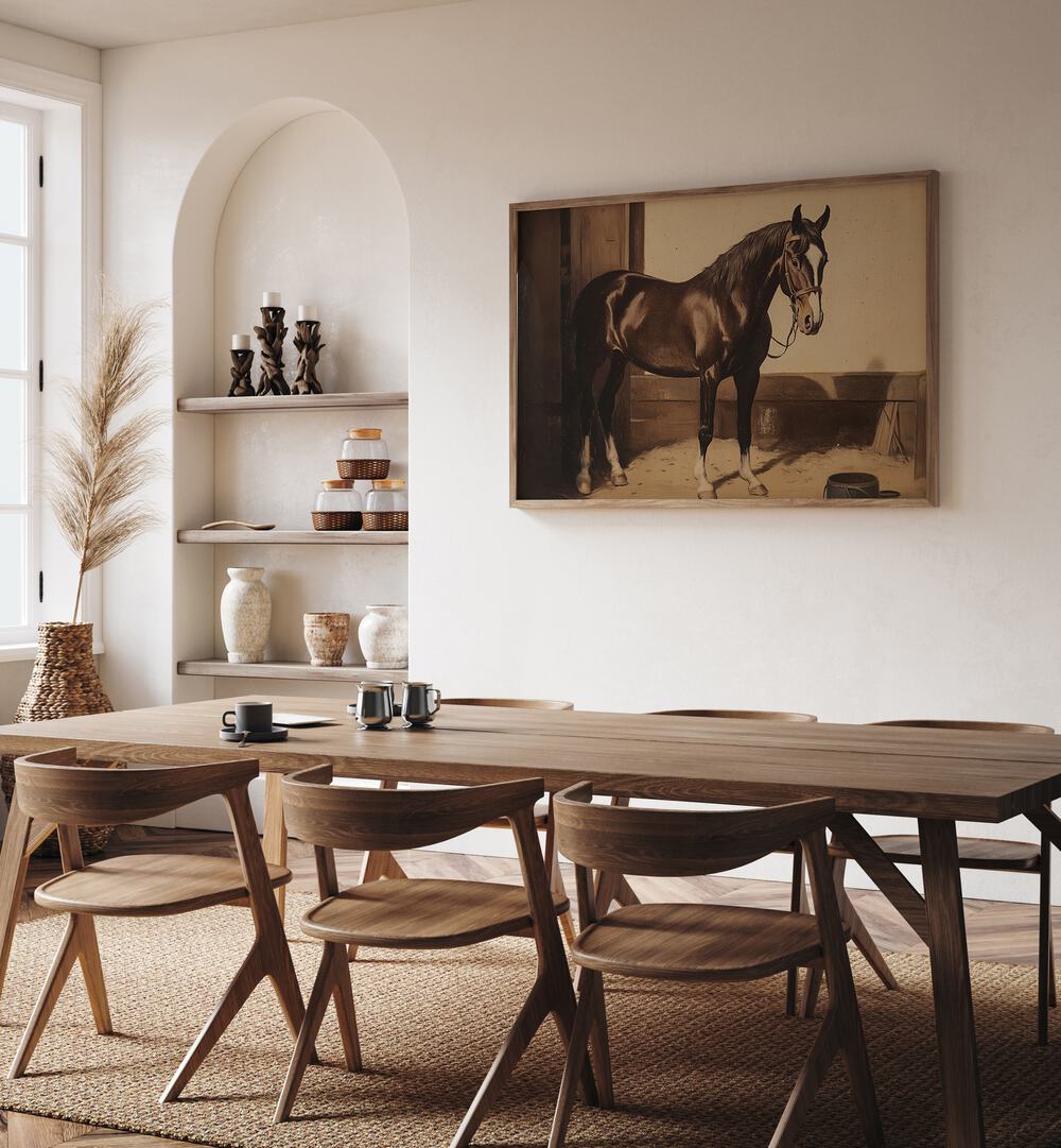 Elegant DARK BROWN HORSE, ANIMAL PAINTINGS enhancing a modern dining space with timeless equestrian charm.